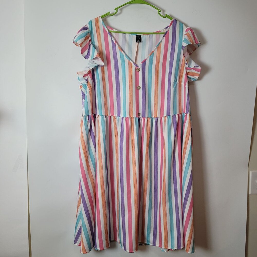 Striped Multi-Color Ruffle Sleeve V-Neck Button Front Swing Dress 3XL By Emery R